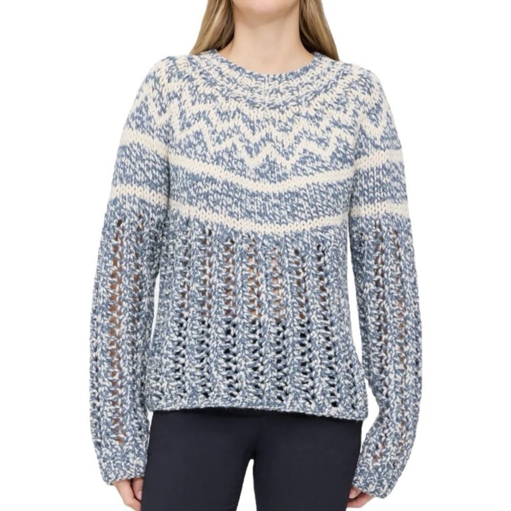 Theory Chevron Sweater Chunky Open Knit Sz XS Wool Cashmere Fair Isle Cream Blue